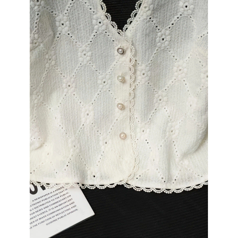 Women's summer new fashion elegant solid color backless pearl button decorated tie-up halter neck tank top