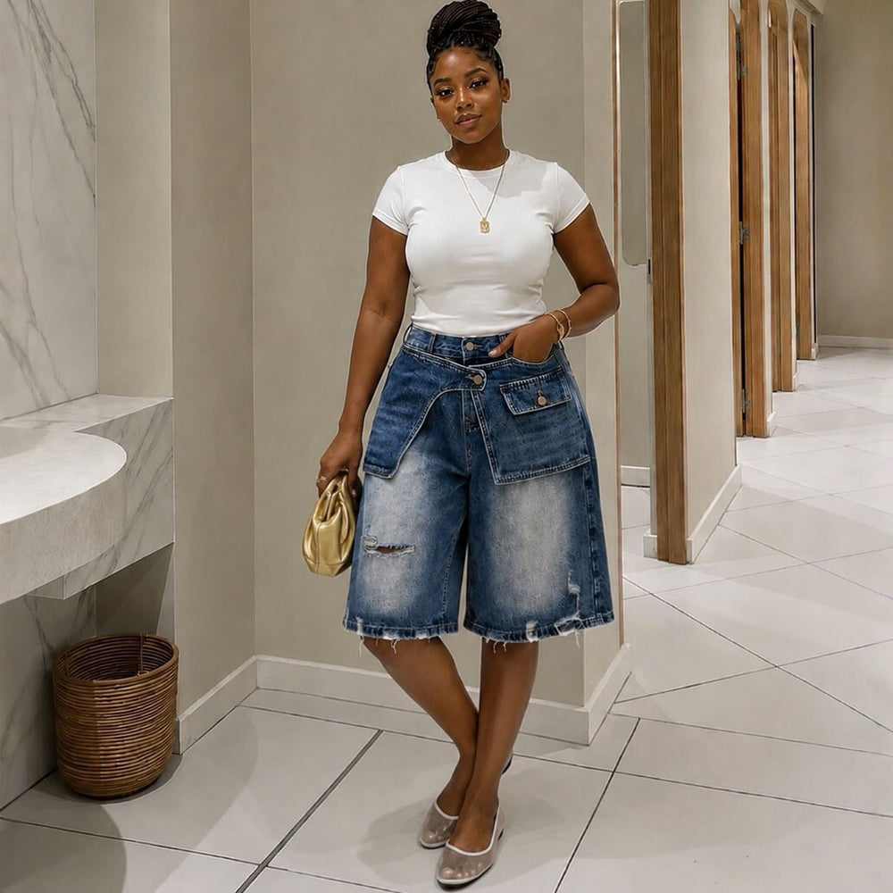 European and american style retro faux two-piece denim shorts -  cross-border women's summer distressed high-waisted capri jeans