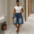 European and american style retro faux two-piece denim shorts -  cross-border women's summer distressed high-waisted capri jeans