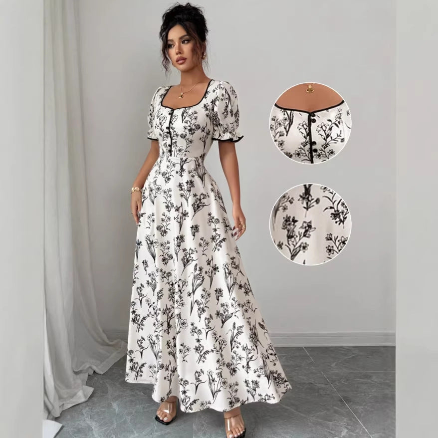 new french-style printed midi dress with cinched waist