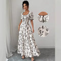 new french-style printed midi dress with cinched waist