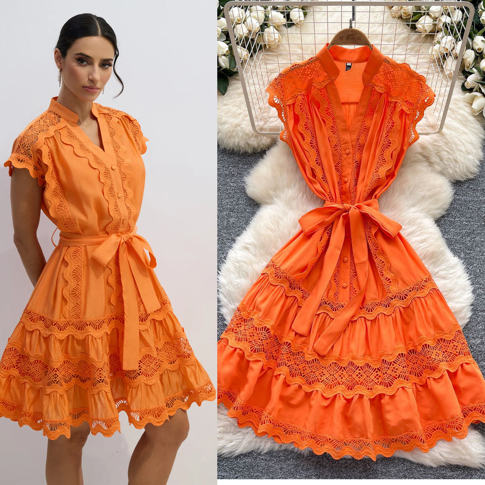 European and american light luxury sleeveless midi dress for women - summer mesh hollow-out crochet lace-up waist - sophisticated mid-length dress