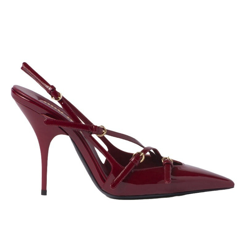 2026 summer european and american style patent leather stiletto peep-toe sandals women's single strap cat heel pointed toe back strap high heels