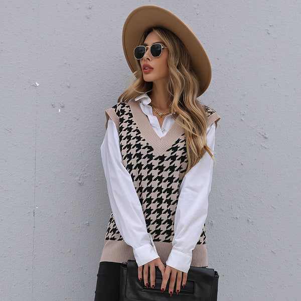 Independent Station Cross-border Foreign Trade Early Autumn European and American Fashion Women's Clothing Medium and Long Thousand Birds Sweater Vest Women