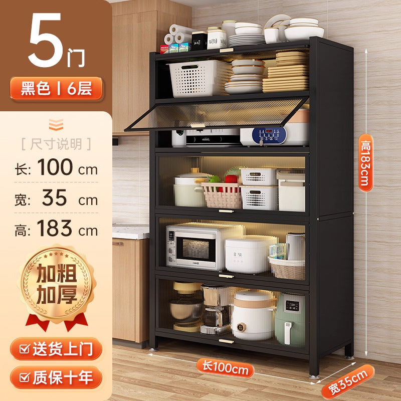 Multifunctional kitchen storage rack with cabinet doors, floor-standing, multi-tier, dustproof storage cabinet for microwave, pots, pans, and bowls