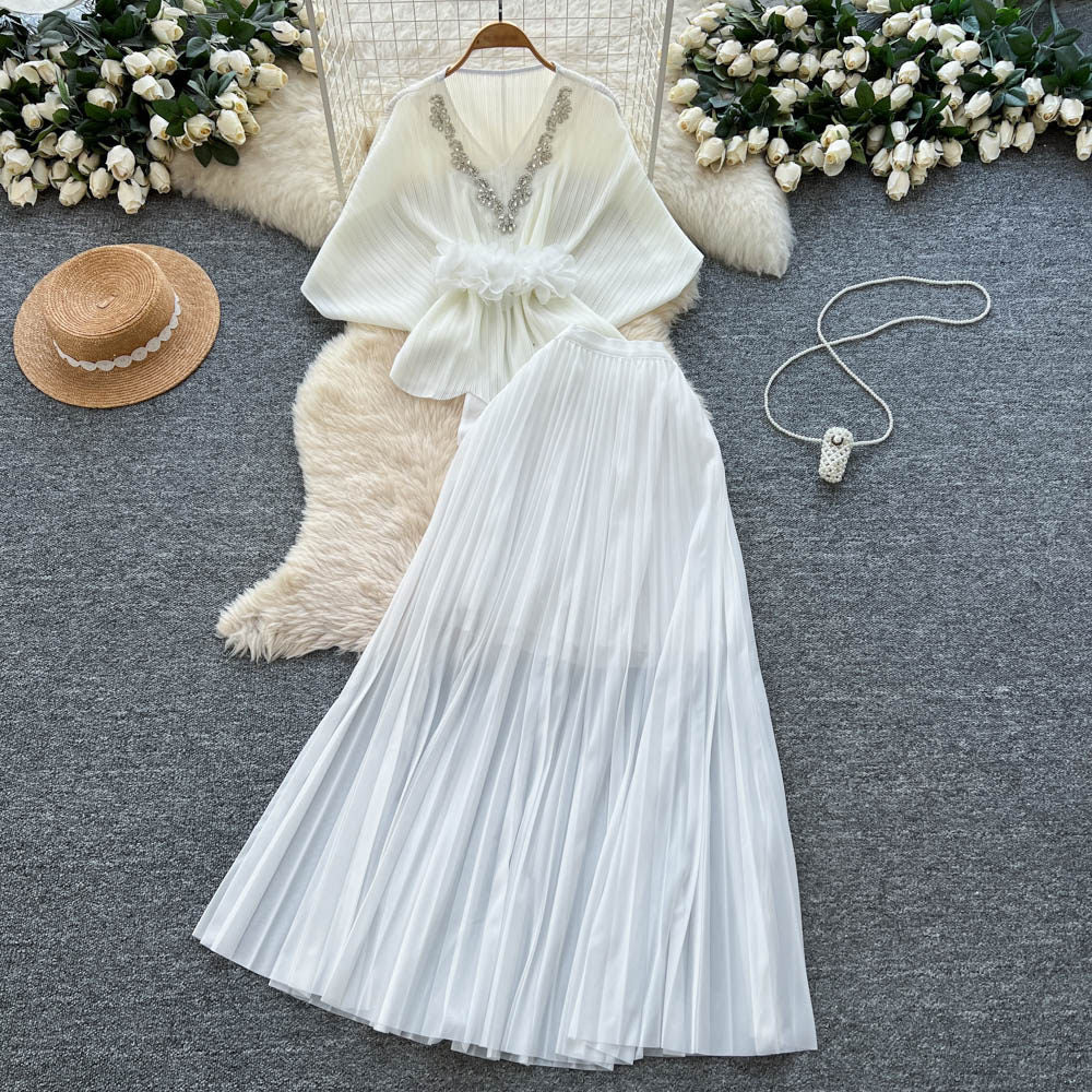 Noble socialite work clothing style red two-piece set female autum silmpleated skirt cloak waist suitelegance