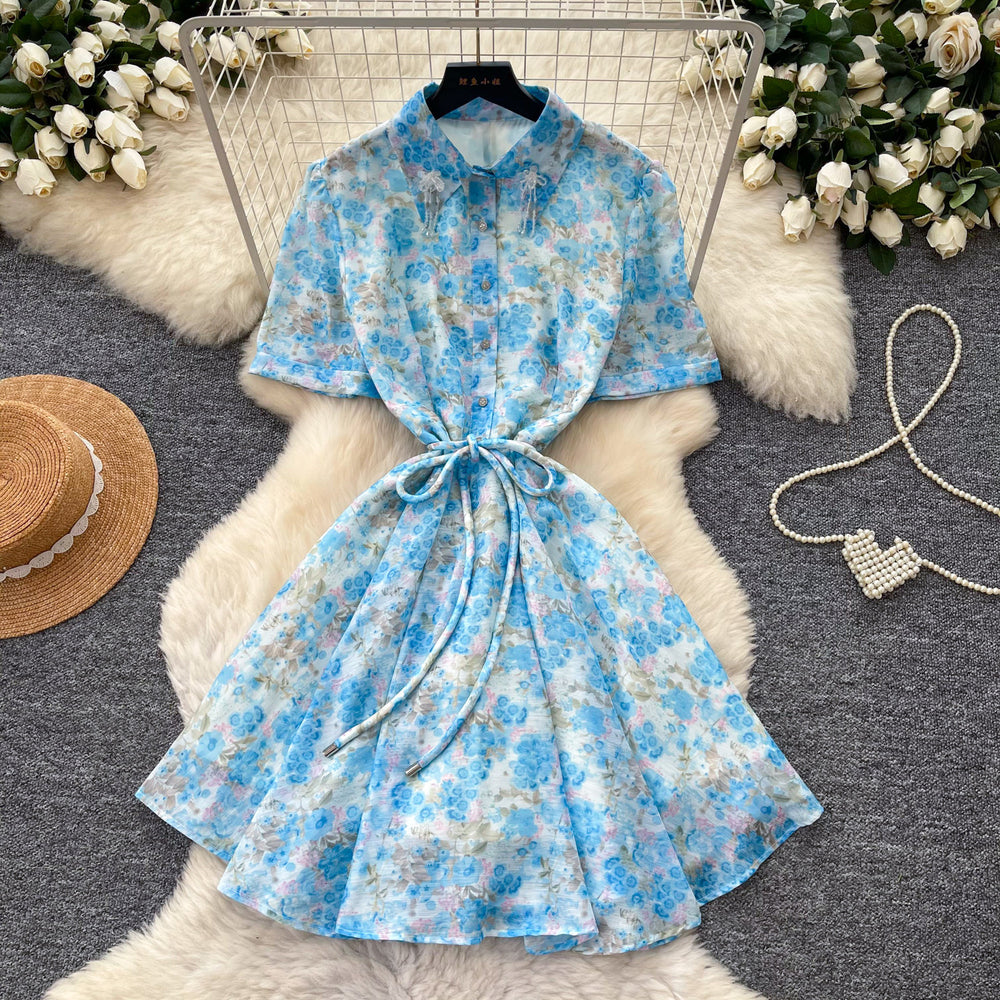 Frenchromantic style floral elegantdress women's summerk-style waist slimming look a-line skirt gentle tie back