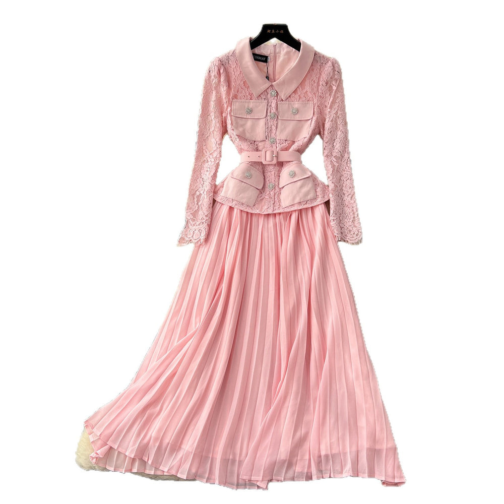 French chic red peter pan collar lace patchwork dress - women's  autumn commute elegant pleated skirt