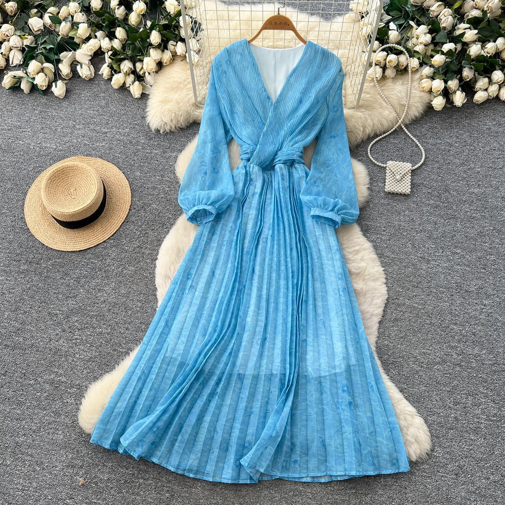 French riviera style v-neck lantern sleeve printed dress - women's summer korean style slimming a-line maxi dress