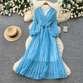 French riviera style v-neck lantern sleeve printed dress - women's summer korean style slimming a-line maxi dress
