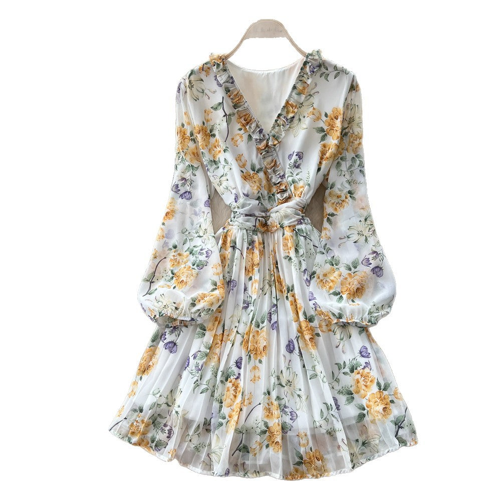 French floral print dress for women, spring  collection: long sleeve, v-neck, tie-waist, a-line silhouette – slimming, elegant, and chic