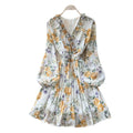 French floral print dress for women, spring  collection: long sleeve, v-neck, tie-waist, a-line silhouette – slimming, elegant, and chic