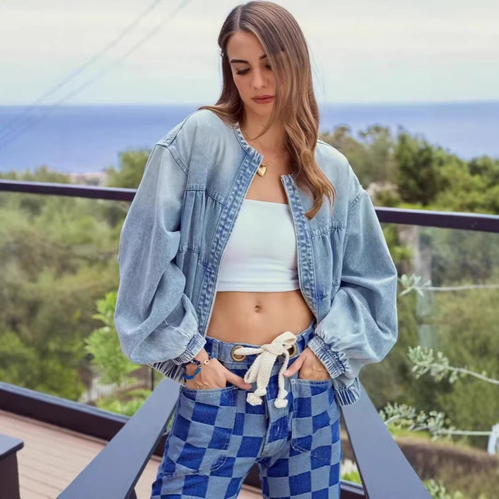 fashionnew arrival cross-border  round neck zipper denim outwear washed looseshort denim jacket for women