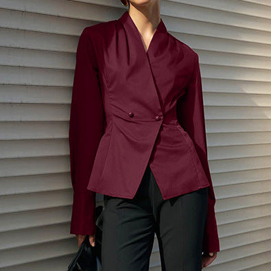 European and American  commuter women's clothing slim-fitting waist double-breasted long-sleeved v-neck jacket niche design red cardigan