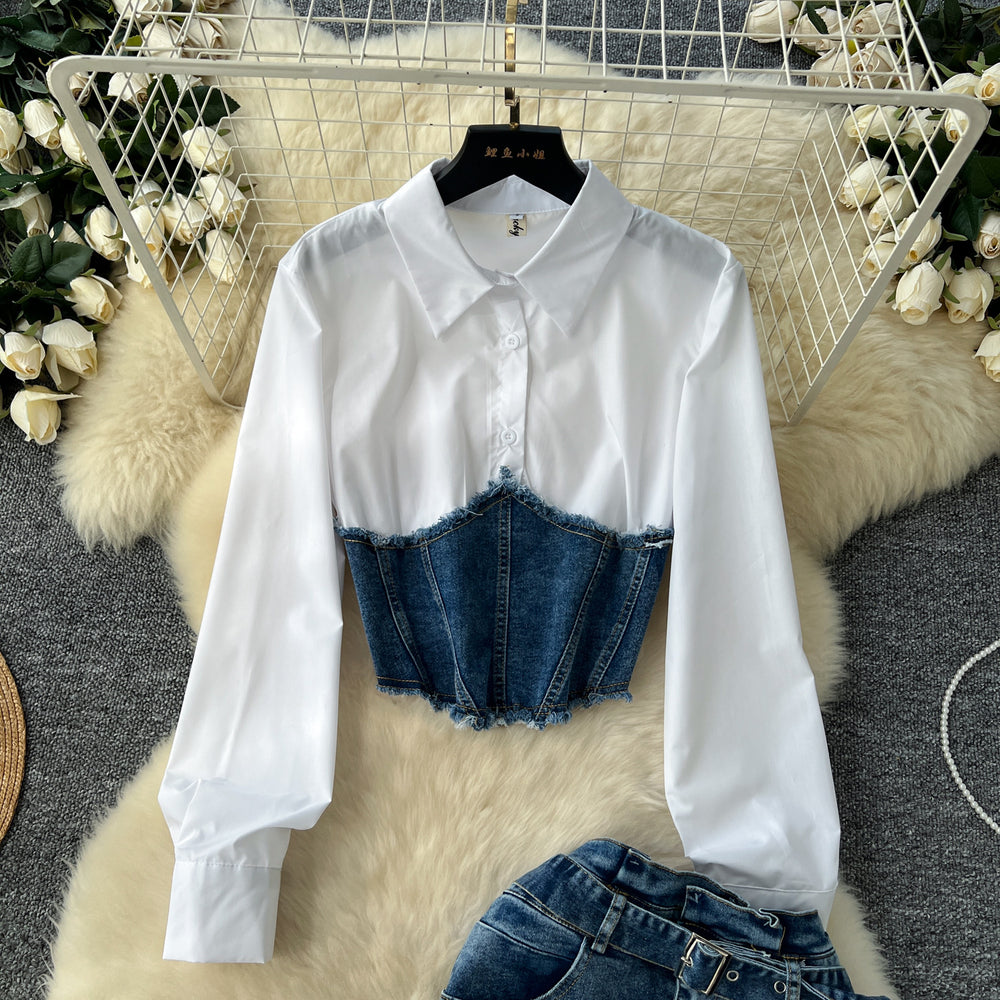 Korean style goddess look fashion patchwork faux two-piece long sleeve shirt with belted waist denim midi skirt two-piece set