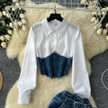 Korean style goddess look fashion patchwork faux two-piece long sleeve shirt with belted waist denim midi skirt two-piece set