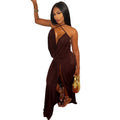 Fashion style ins cross-border style women's pure color slit asymmetrical skirt chest-wrapped deep v necksexyhalterdress