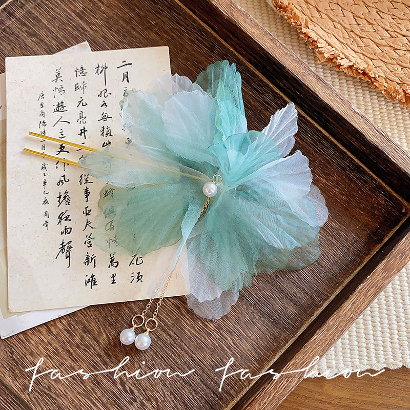 Dead leaf butterfly hairpin retro chiffon flower pearl tassel u-shaped hairpin new chinoiserie hair accessories hair elegant headwear