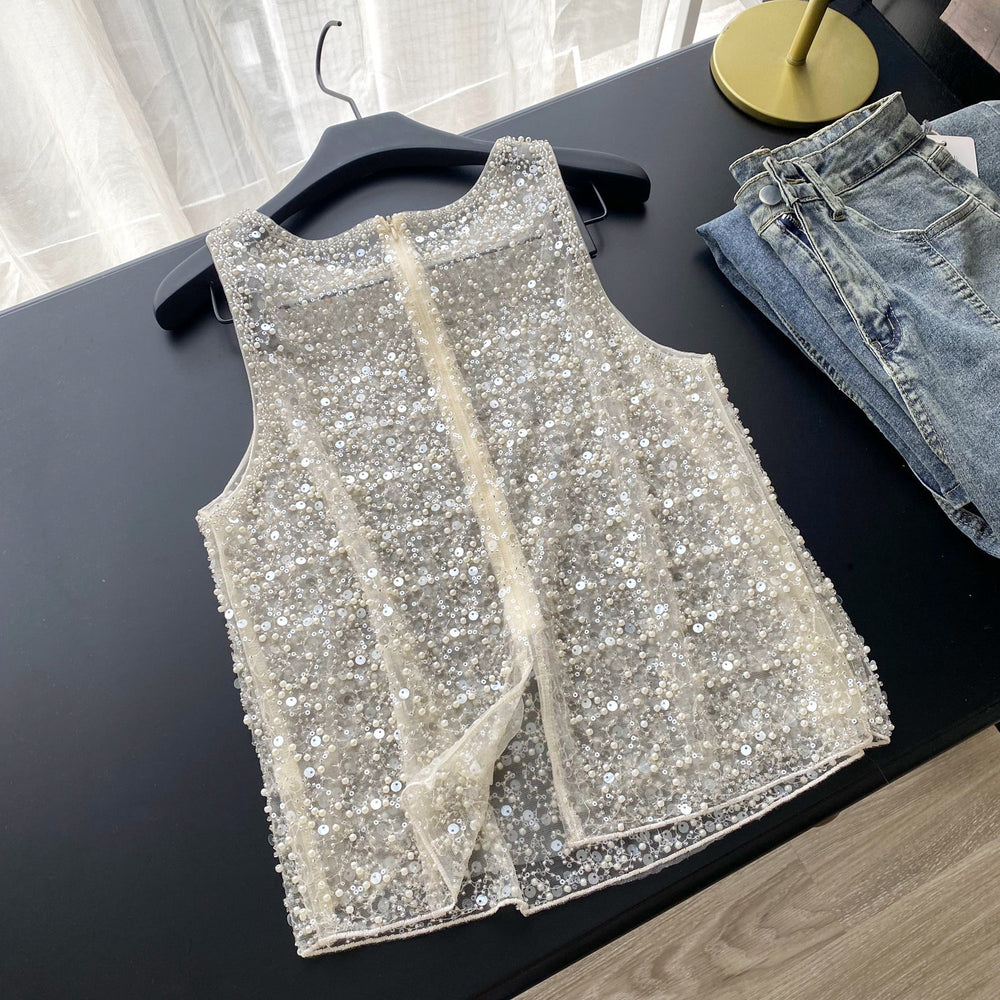 Luxury sequin & beaded mesh tank top -  summer collection - elegant & versatile sleeveless top for the modern woman