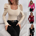 european and american women's fashion square neck slim fit bell sleeve knitted long sleeve t-shirt - in stock for workwear