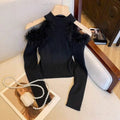 Atmosphere stuffed off-shoulder knitting shirt half turtleneck feather patchwork shoulder pit strip silmshort women's tops