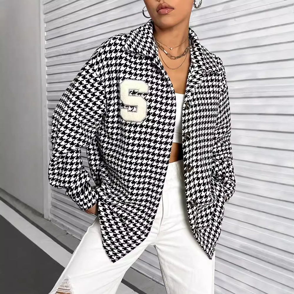 Ready-to-ship 53250# cross-border fashion women's new autumn/winter retro color block houndstooth turn-down collar jacket