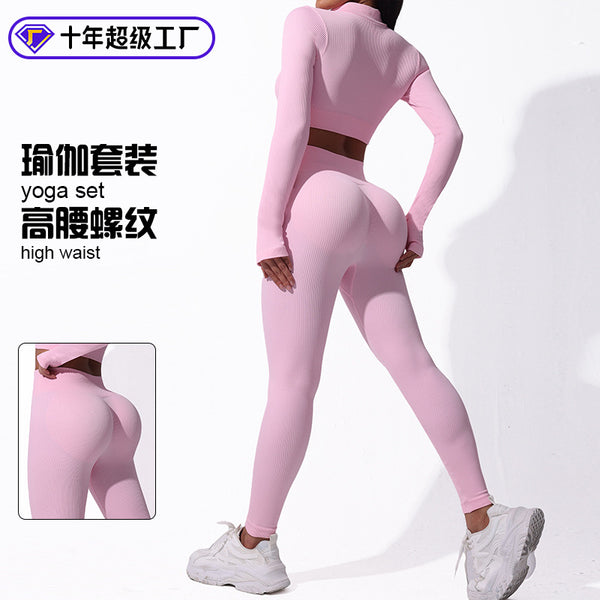 Thumb hole zipper thread yoga suit women's running fitness tight half open sleeve sports long sleeve suit