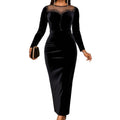 French round neck see-through velvet dress - sexy mesh panel long sleeve bodycon mini dress for evening events