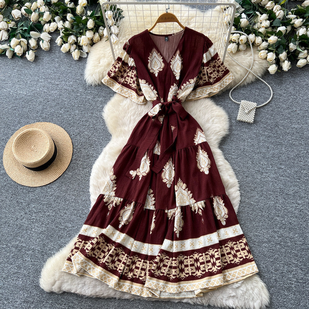 Bohemian print tie-waist dress - women's summer  v-neck slimming a-line maxi dress - red