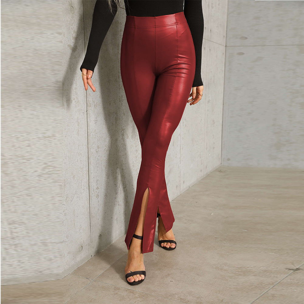 Wish  sexy pu leather pants, european and american classic high-waisted stretch flare leggings, women's slit long pants, plus size