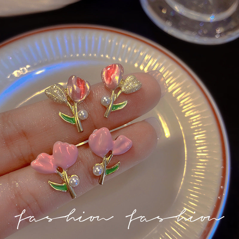 Tulip flower pearl stud earrings - trendy, versatile, chic, and dainty. sterling silver needle wholesale earrings - accessible luxury