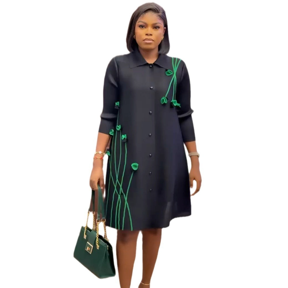 Pleated plus-size dress - new autumn 2024 collection - collared, printed, loose fit, plus-size, slimming, single-breasted cardigan