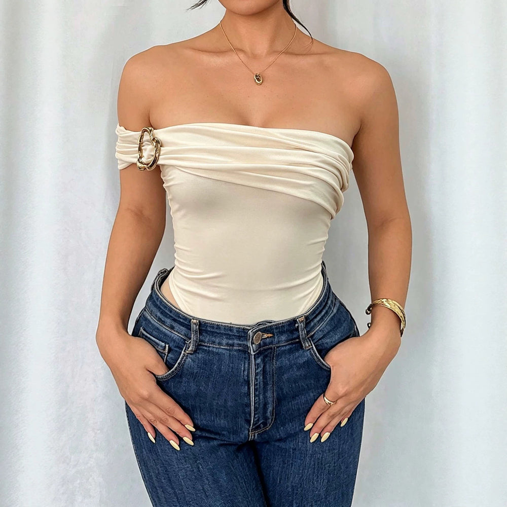 new arrival women's elegant jumpsuit off-shoulder pleated metal buckle waist slimming look jumpsuit women's outwear