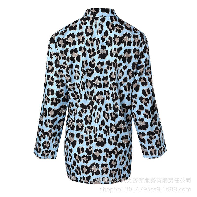 Spot  2022 European and American women's clothing full of leopard print color matching long-sleeved shirts