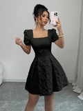 European and american cross-border  summer slim-fit women's elegant jacquard solid color puff sleeve square neck a-line dress