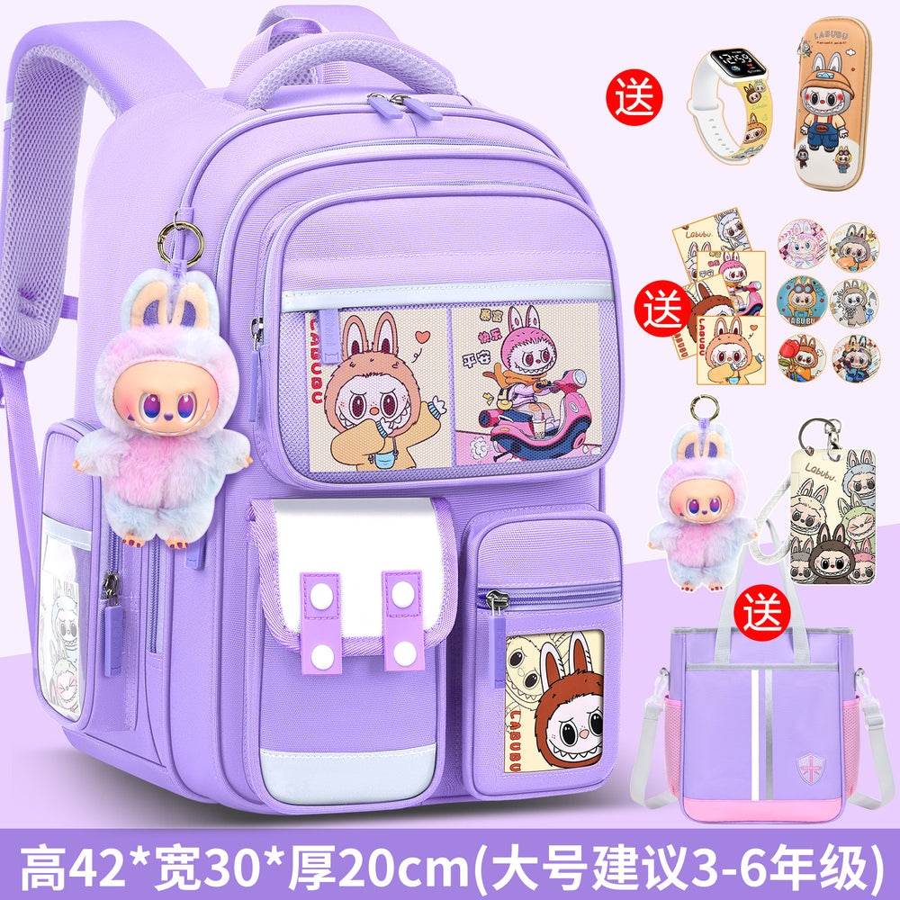 2026 new labubu backpack for girls, elementary school students grades 1-6, boys' lightweight kids' backpack, spine protection, and weight reduction