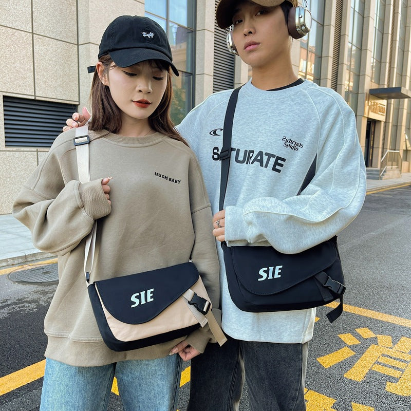 Hong Kong style casual satchel 2024 new fashion letter contrasting color sports outdoor messenger bag large capacity shoulder bag men