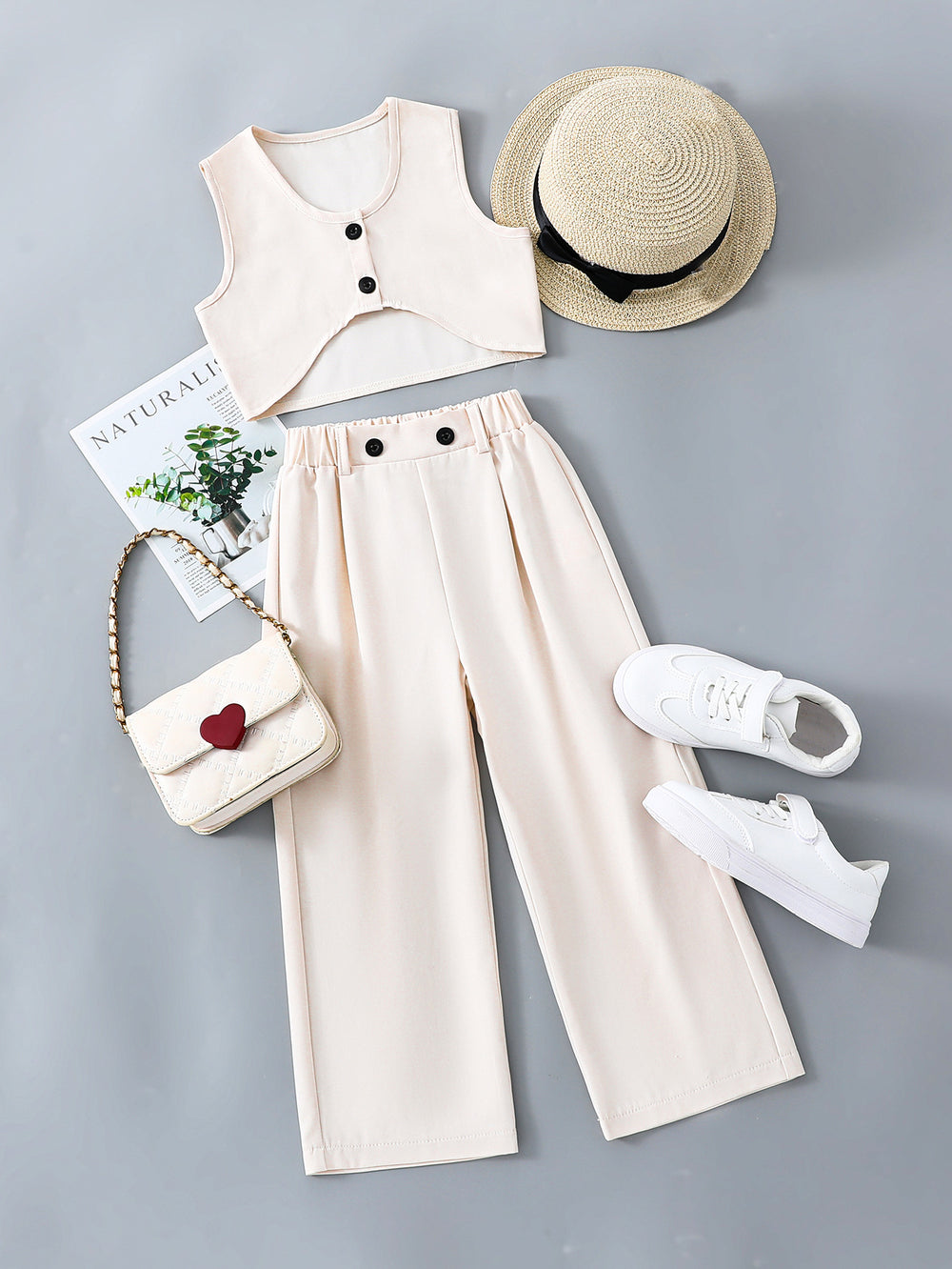 girl pure colortwo-piece setshortvestloose pants4 colorscasual style kidssummercasual pantssuit