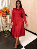 New plus size solid color midi pleated skirt ruffle collar long sleeve round neck elegant dress