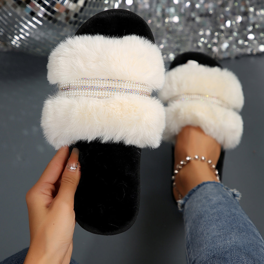 Fashion rhinestone indoor and outdoor casual fur slippers 2024 autumn and winter floor slippers bedroom home fur slippers