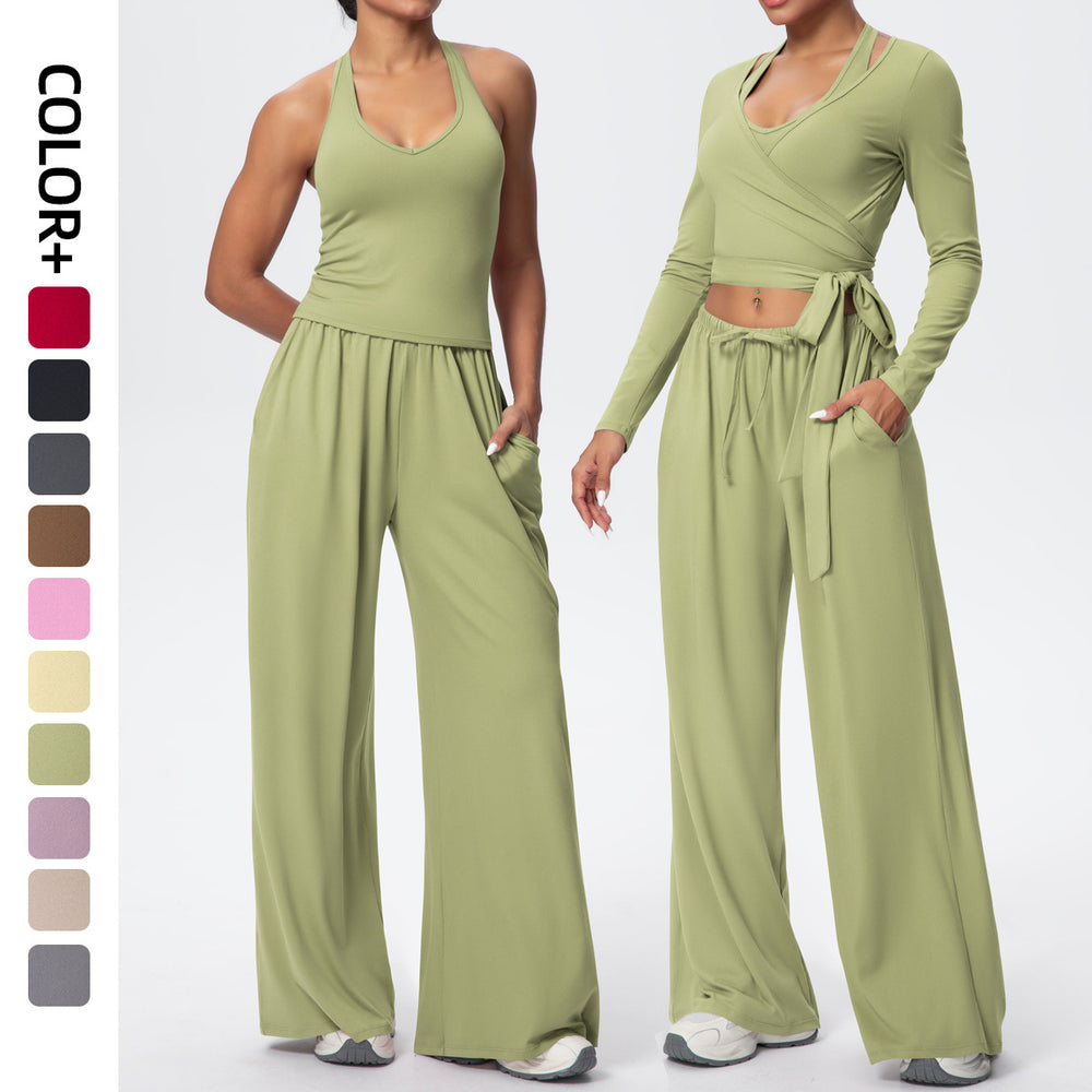 New brushed fabric tie-up long sleeve sports bra with open back, drawstring wide-leg loose pants, outdoor casual fitness outfit