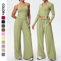 New brushed fabric tie-up long sleeve sports bra with open back, drawstring wide-leg loose pants, outdoor casual fitness outfit