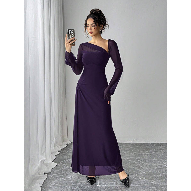 fashionautum mesh patchworklong sleeveselegance asymmetrical pleated silma-linedress women