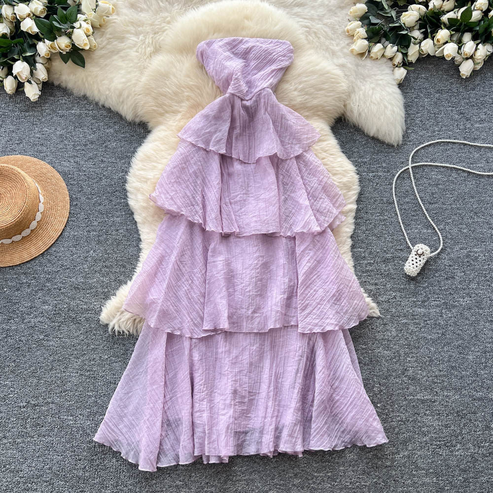 Sleeveless bandeau dress women's summer french style cinched waist slimming elegant vacation style long dress fairy cake dress