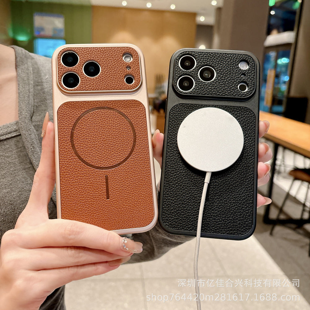 Premium feel instantly transformed: 17promax large view phone case, compatible with 17 new magnetic lychee grain leather apple 16