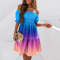 european and american independent station  new arrival short sleeve one-line collar waist pleated printingdress