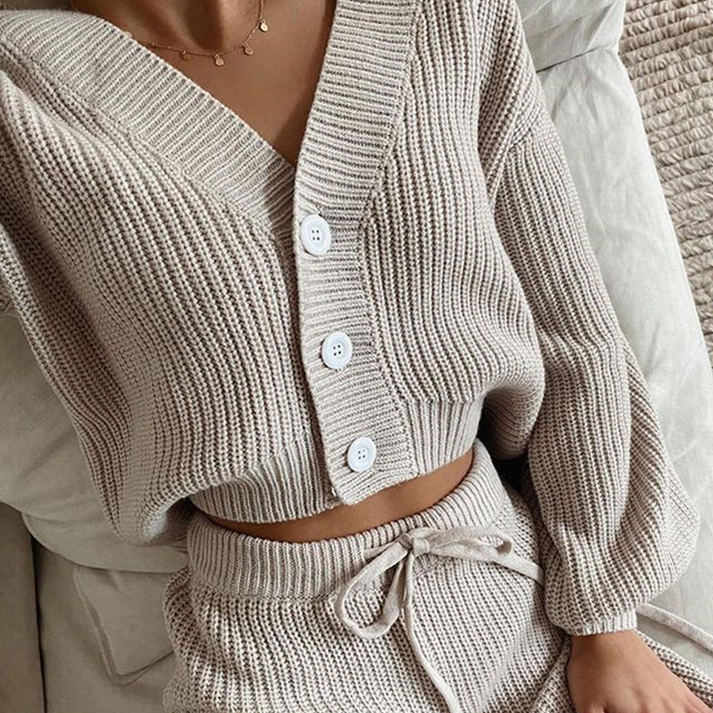 Europe and the United States  2024 casual fashion women's clothing solid color cardigan long-sleeved knitted sweater trousers two-piece set