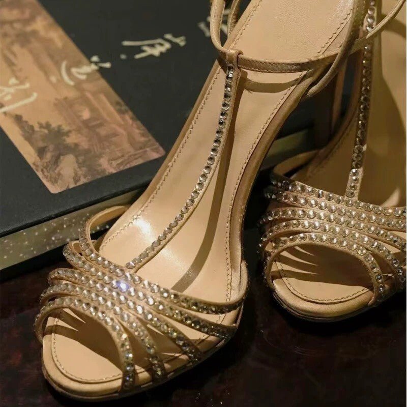 Congyuan 2026 summer round toe plaid strap high heels elegant rhinestone women's shoes banquet sandals li congyuan high heels