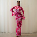 European and american cross-border women's fashion:  spring/summer new arrival - elegant printed turtleneck flared sleeve slim-fit maxi dress