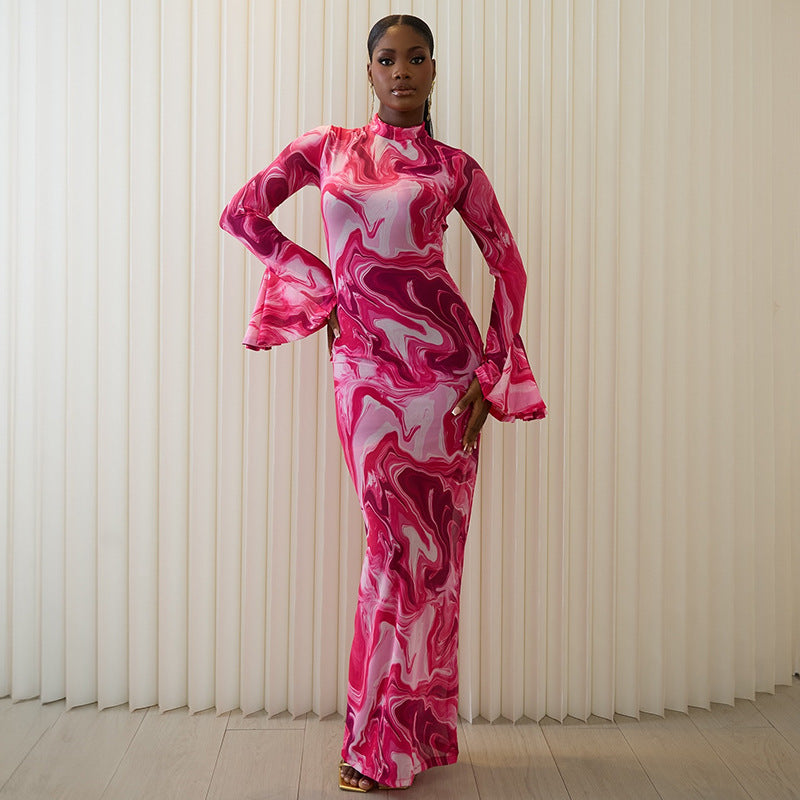 European and American  women's clothing 2025 spring and summer new temperament printed semi-turtleneck horn sleeve slim-fitting long dress